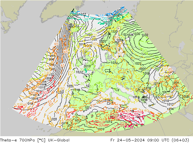 Theta-e 700hPa UK-Global Fr 24.05.2024 09 UTC