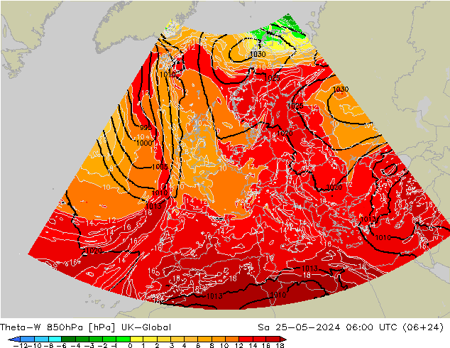 Theta-W 850гПа UK-Global сб 25.05.2024 06 UTC