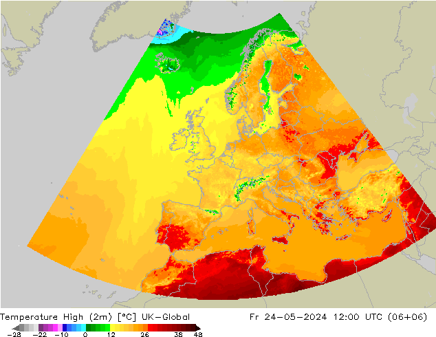 Nejvyšší teplota (2m) UK-Global Pá 24.05.2024 12 UTC