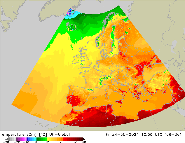Temperature (2m) UK-Global Fr 24.05.2024 12 UTC