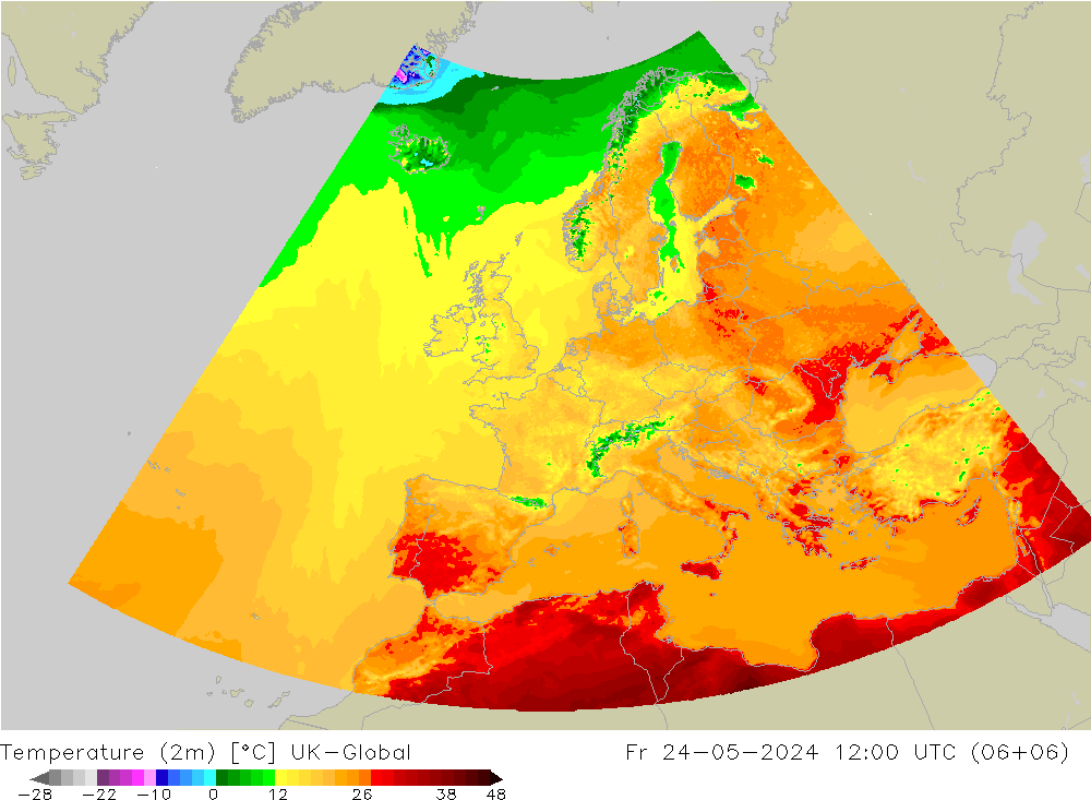 Temperature (2m) UK-Global Fr 24.05.2024 12 UTC