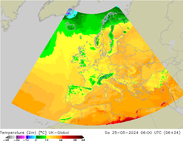 Sıcaklık Haritası (2m) UK-Global Cts 25.05.2024 06 UTC