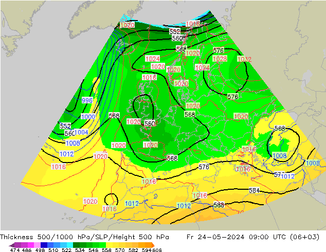 Thck 500-1000hPa UK-Global Fr 24.05.2024 09 UTC