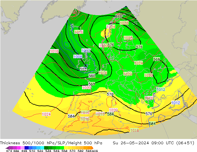 Thck 500-1000hPa UK-Global Su 26.05.2024 09 UTC