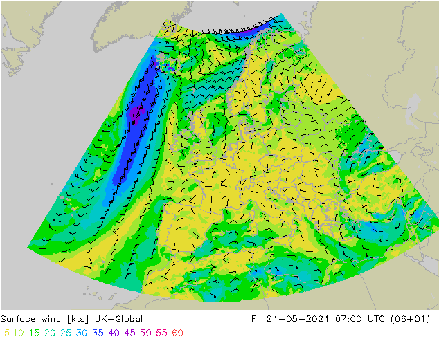 Viento 10 m UK-Global vie 24.05.2024 07 UTC