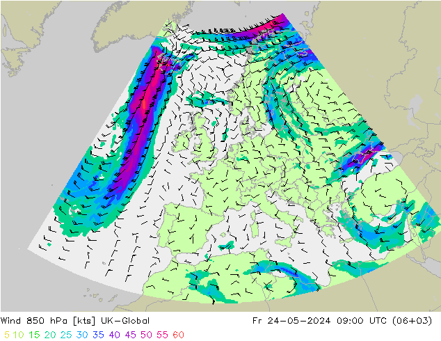 Wind 850 hPa UK-Global Pá 24.05.2024 09 UTC