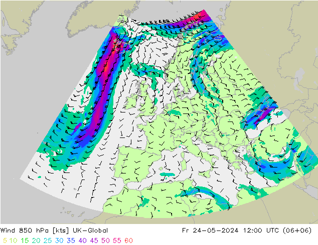 风 850 hPa UK-Global 星期五 24.05.2024 12 UTC