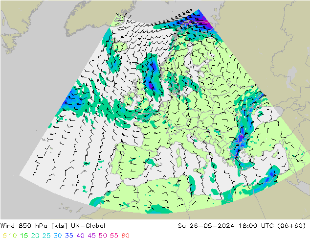 Wind 850 hPa UK-Global Su 26.05.2024 18 UTC