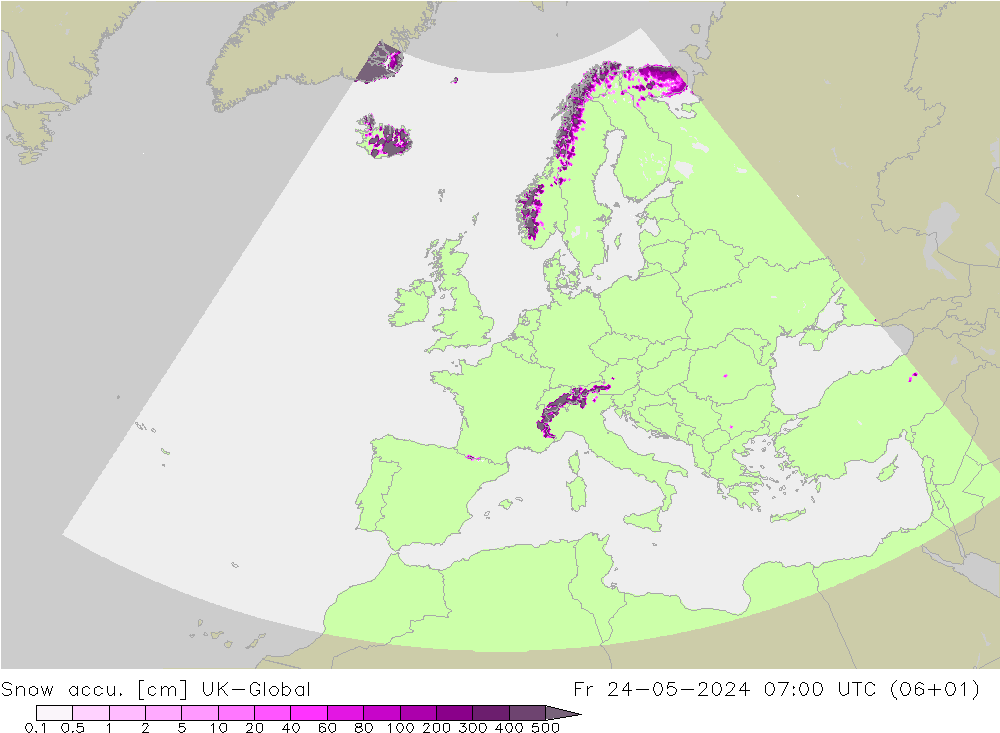 Snow accu. UK-Global Fr 24.05.2024 07 UTC