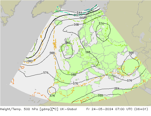 Height/Temp. 500 hPa UK-Global ven 24.05.2024 07 UTC