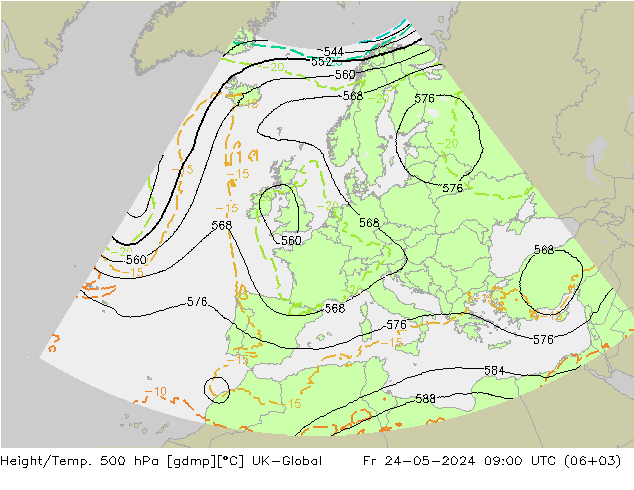 Height/Temp. 500 hPa UK-Global Fr 24.05.2024 09 UTC