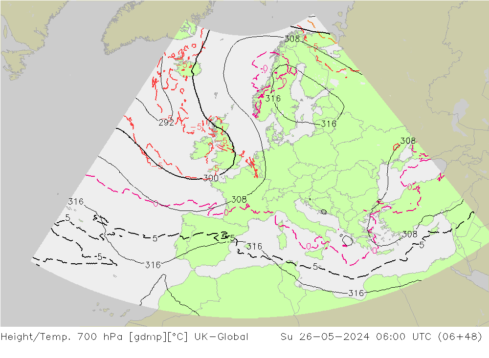 Hoogte/Temp. 700 hPa UK-Global zo 26.05.2024 06 UTC