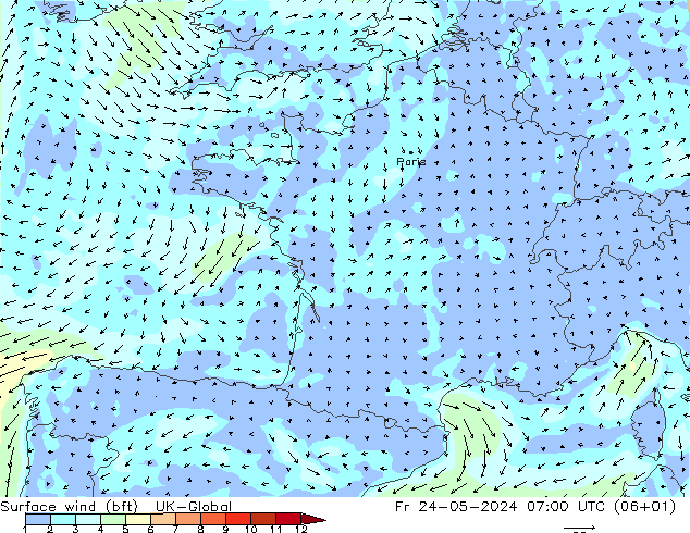 Surface wind (bft) UK-Global Pá 24.05.2024 07 UTC