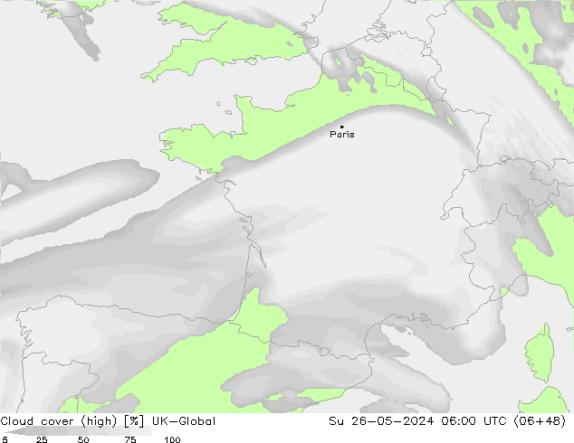 Cloud cover (high) UK-Global Su 26.05.2024 06 UTC