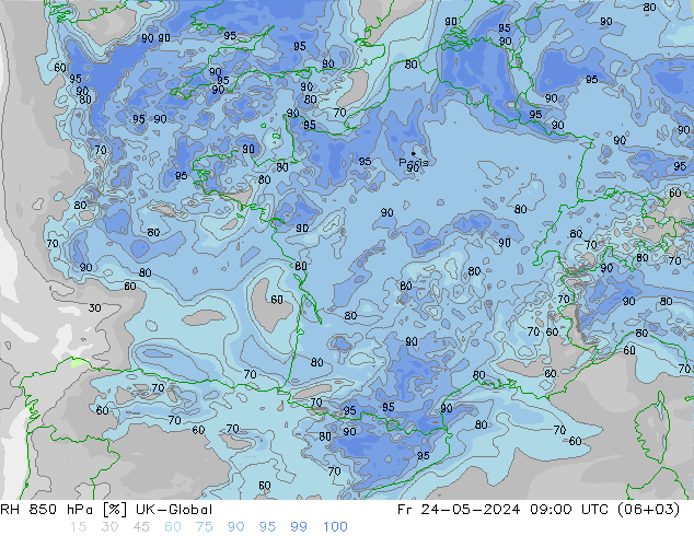 RH 850 hPa UK-Global Fr 24.05.2024 09 UTC