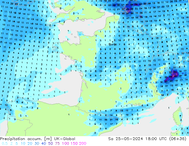 Precipitation accum. UK-Global Sáb 25.05.2024 18 UTC