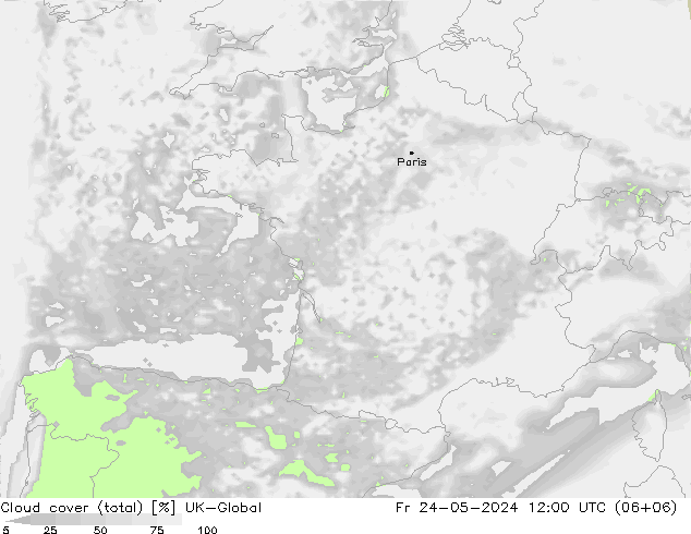 Cloud cover (total) UK-Global Fr 24.05.2024 12 UTC