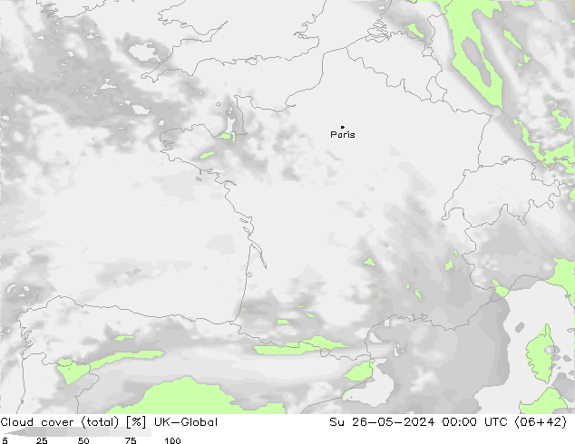 Bewolking (Totaal) UK-Global zo 26.05.2024 00 UTC