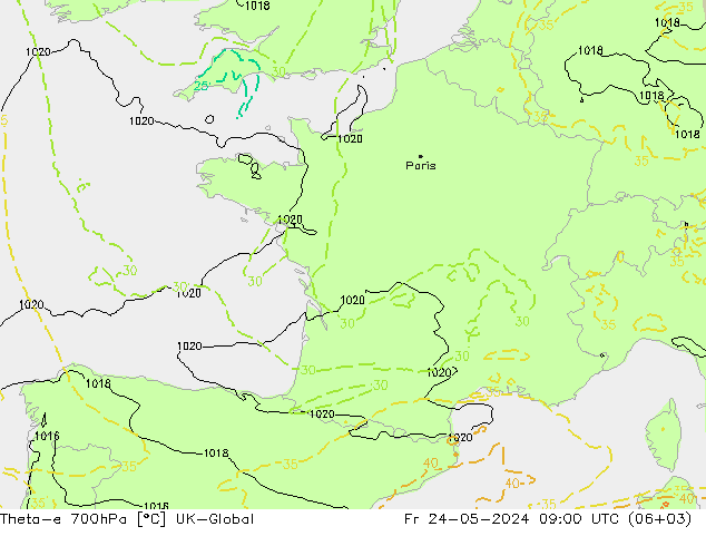 Theta-e 700hPa UK-Global Fr 24.05.2024 09 UTC