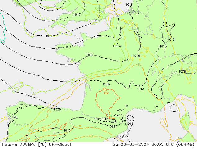 Theta-e 700hPa UK-Global Su 26.05.2024 06 UTC