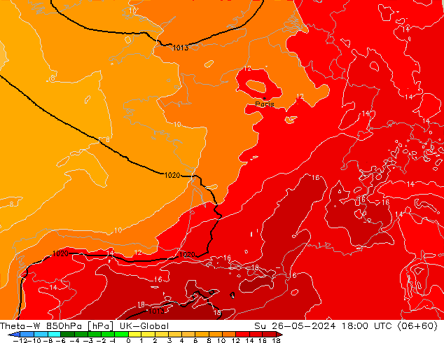 Theta-W 850hPa UK-Global Ne 26.05.2024 18 UTC