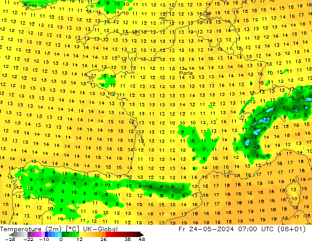 température (2m) UK-Global ven 24.05.2024 07 UTC