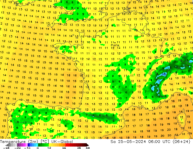 température (2m) UK-Global sam 25.05.2024 06 UTC