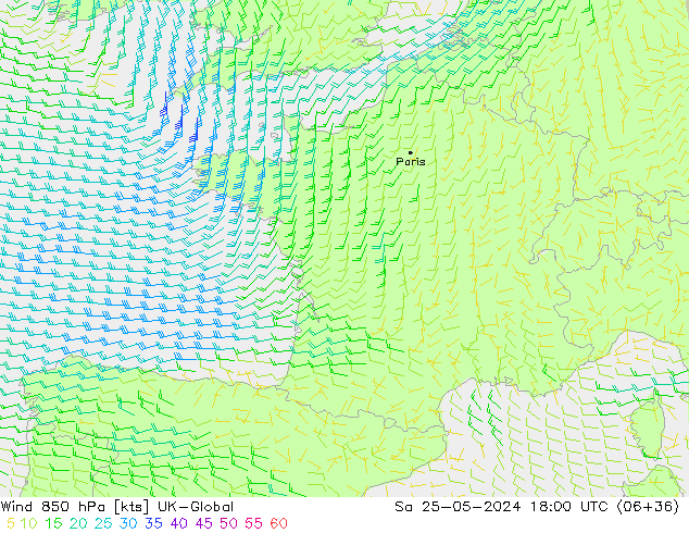 ветер 850 гПа UK-Global сб 25.05.2024 18 UTC