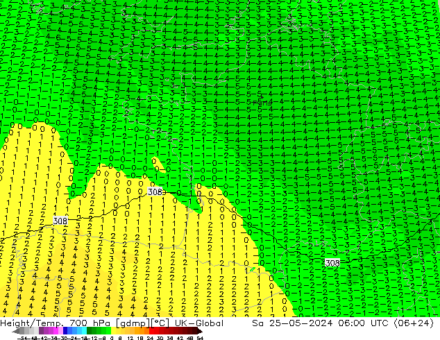 Height/Temp. 700 hPa UK-Global so. 25.05.2024 06 UTC