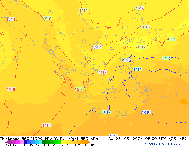 Thck 850-1000 hPa UK-Global  26.05.2024 06 UTC