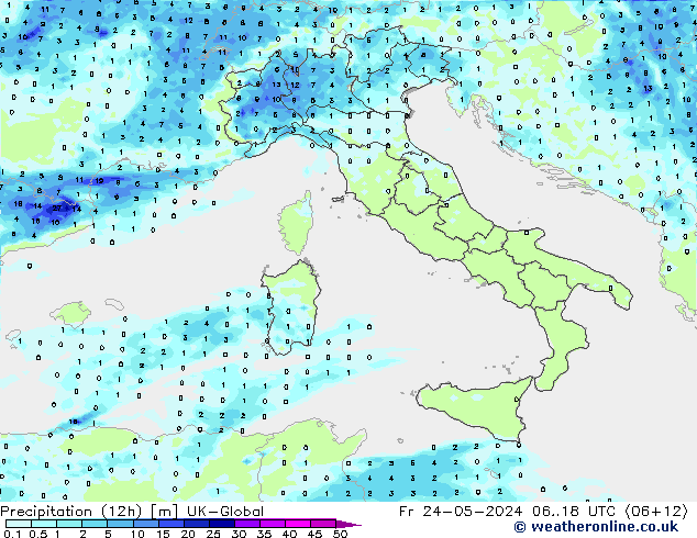 Precipitation (12h) UK-Global Fr 24.05.2024 18 UTC
