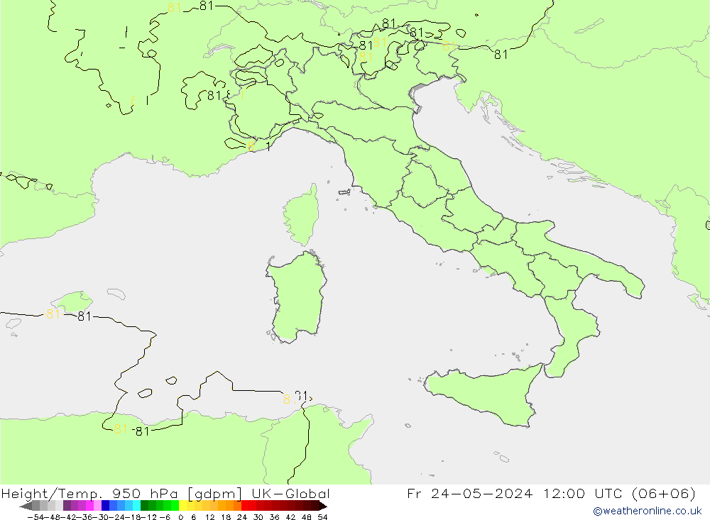 Géop./Temp. 950 hPa UK-Global ven 24.05.2024 12 UTC