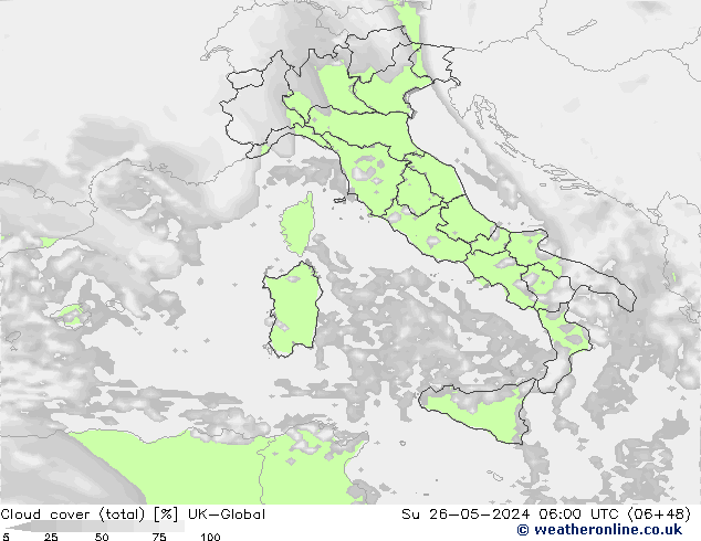 Bewolking (Totaal) UK-Global zo 26.05.2024 06 UTC