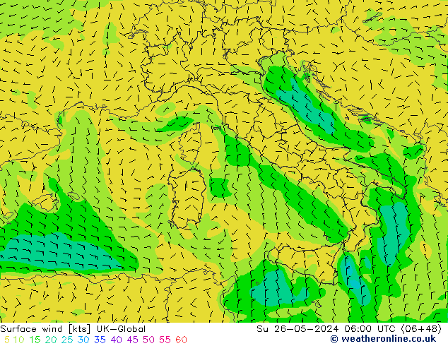 Surface wind UK-Global Su 26.05.2024 06 UTC