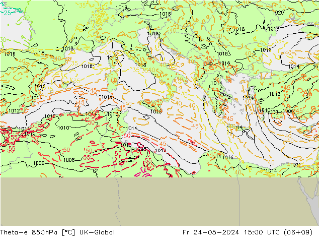 Theta-e 850hPa UK-Global Fr 24.05.2024 15 UTC