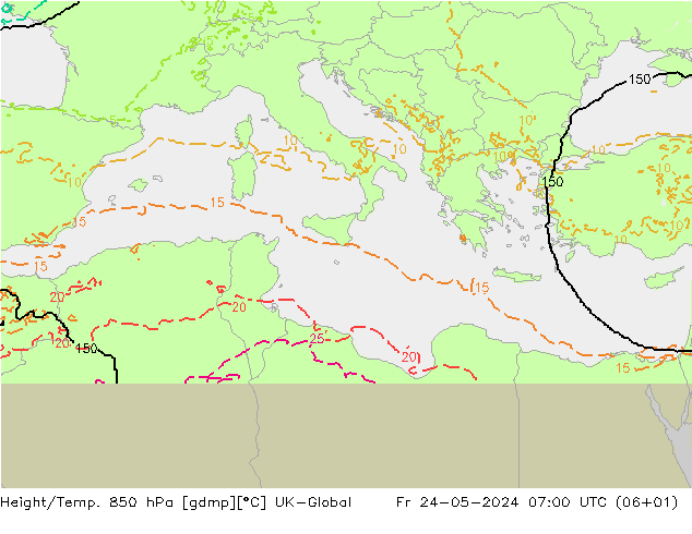 Hoogte/Temp. 850 hPa UK-Global vr 24.05.2024 07 UTC