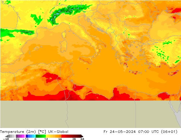 température (2m) UK-Global ven 24.05.2024 07 UTC