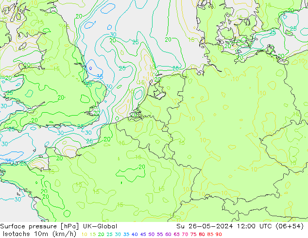 Isotachen (km/h) UK-Global zo 26.05.2024 12 UTC