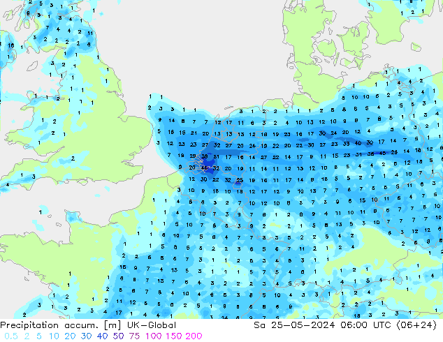 Precipitación acum. UK-Global sáb 25.05.2024 06 UTC