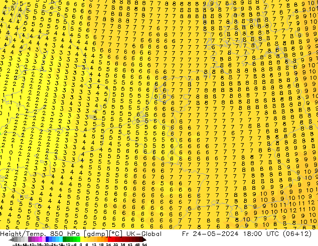 Height/Temp. 850 hPa UK-Global pt. 24.05.2024 18 UTC