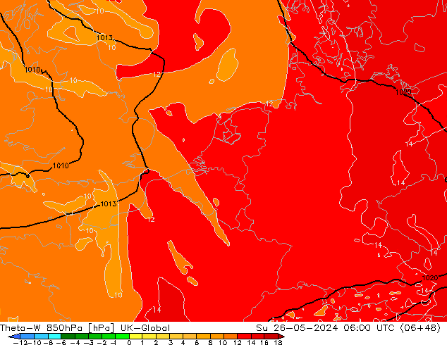 Theta-W 850hPa UK-Global Ne 26.05.2024 06 UTC
