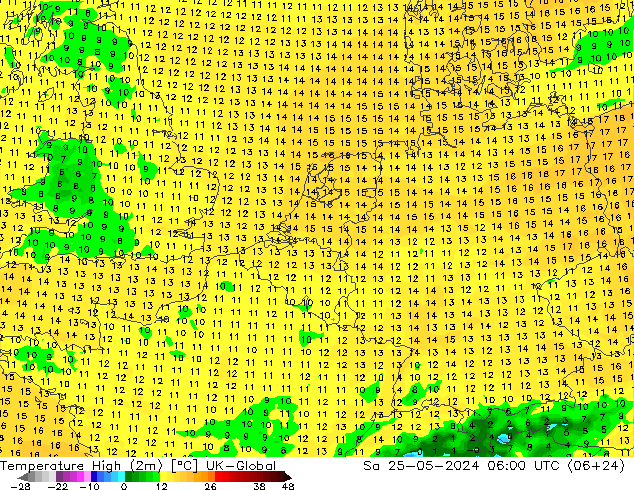 Nejvyšší teplota (2m) UK-Global So 25.05.2024 06 UTC