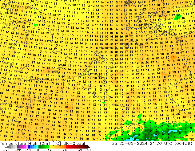 temperatura máx. (2m) UK-Global Sáb 25.05.2024 21 UTC