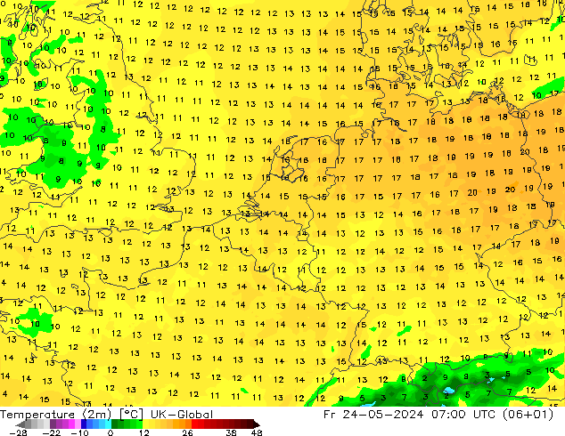 Temperaturkarte (2m) UK-Global Fr 24.05.2024 07 UTC