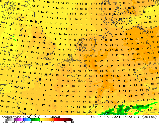 Temperature (2m) UK-Global Su 26.05.2024 18 UTC
