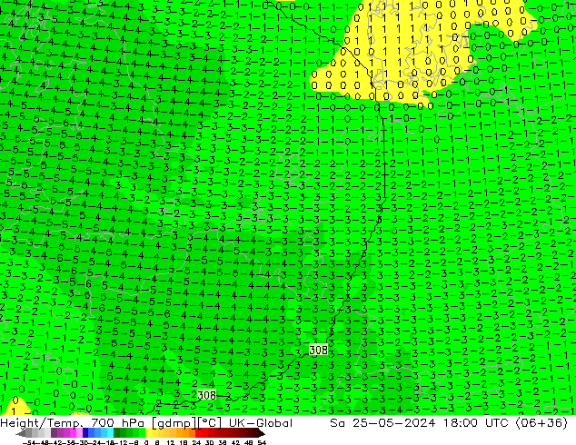 Height/Temp. 700 hPa UK-Global Sa 25.05.2024 18 UTC