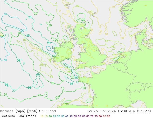 Isotachen (mph) UK-Global za 25.05.2024 18 UTC