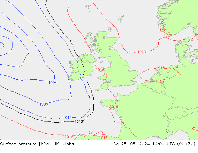 Pressione al suolo UK-Global sab 25.05.2024 12 UTC