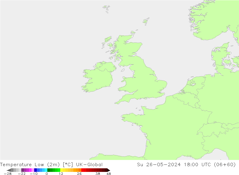Temp. minima (2m) UK-Global dom 26.05.2024 18 UTC