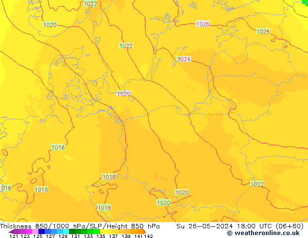 Thck 850-1000 hPa UK-Global Su 26.05.2024 18 UTC